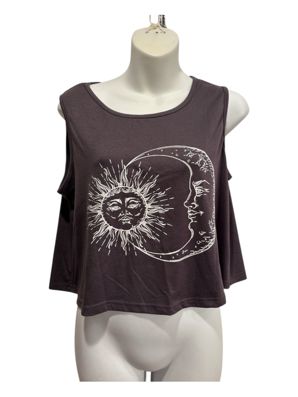 Celestial Sun & Moon Cropped Tank Top - Dark Gray/charcoal.  Size large